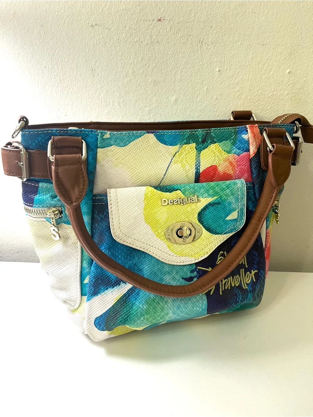 NWOT Rare Desigual Global Traveller Abstract Watercolor Satchel Bag